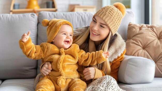 Petit bébé en costume d'ours en peluche avec la bannière de la fête des mères