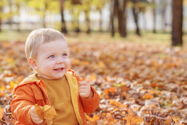 Petit bébé dans le parc d'automne ensoleillé