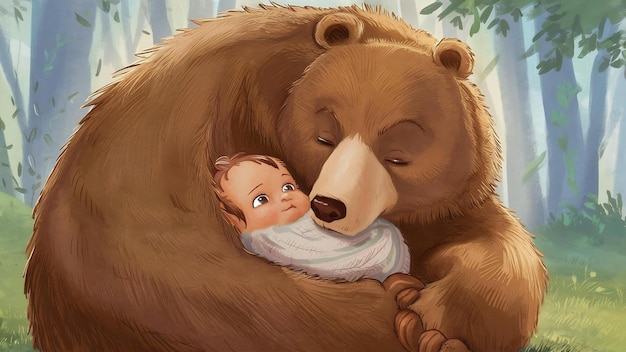 Le petit bébé est allongé sur l'ours.