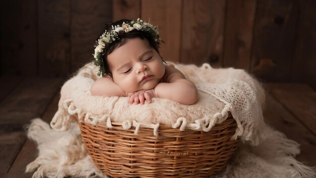 Le petit bébé est dans le panier.