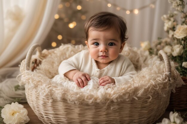 Le petit bébé garçon était enveloppé dans du fil blanc crème avec de petits nœuds allongé dans un panier décoré