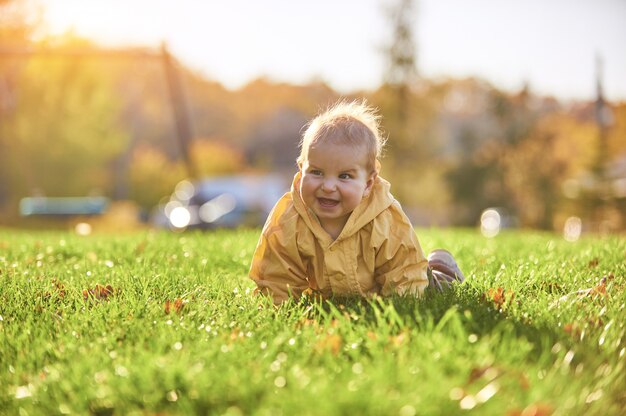 Petit bébé garçon ramper parmi les feuilles tombées sur la pelouse verte aux beaux jours