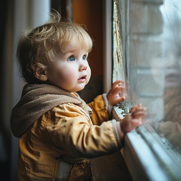 Le petit bébé grimpe dangereusement par la fenêtre Ai générative