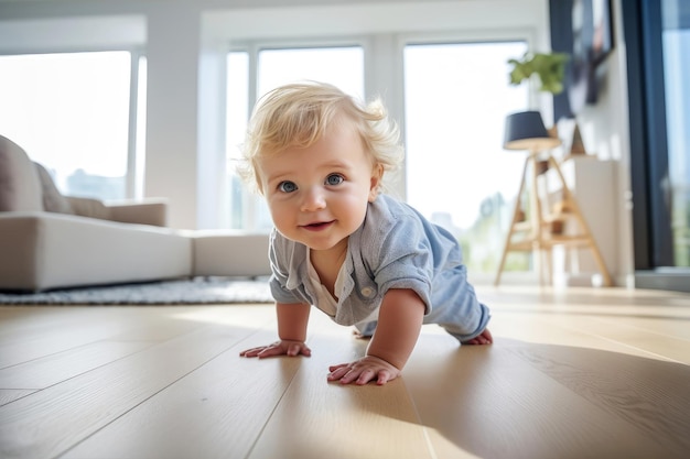 Un petit bébé heureux rampant à la maison sur le sol en bois dans un appartement moderne
