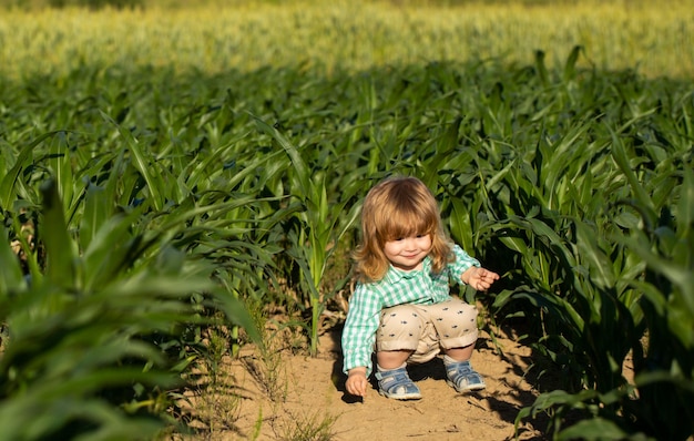 Petit bébé jouant dans la nature sur l'herbe verte. Les enfants jouent. Bébé sur le champ de la ferme de maïs, à l'extérieur. Enfant s'amusant avec l'agriculture et le jardinage de légumes, récolte.