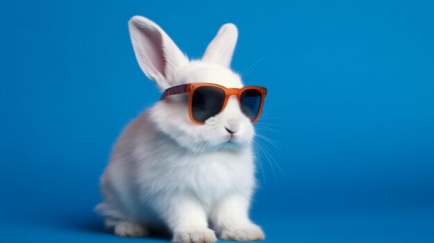 Petit bébé lapin blanc avec une jolie fourrure et des lunettes de soleil noires sur fond bleu