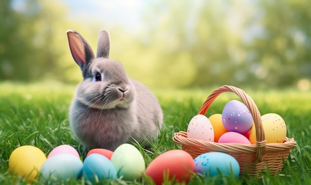 Petit bébé lapin mignon dans un panier de pâques avec fourrure moelleuse et oeufs de pâques au printemps vert frais