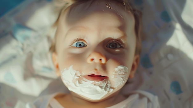 Petit bébé mignon avec de la crème sur le visage vue supérieure IA générative