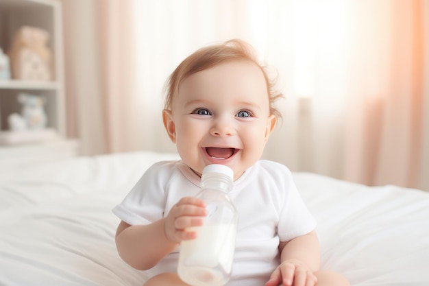 petit bébé mignon et heureux tenant une bouteille d'alimentation avec du lait et souriant formule de lait pour bébés