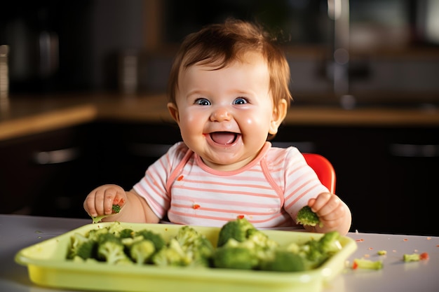 Petit bébé souriant tout en prenant sa nourriture