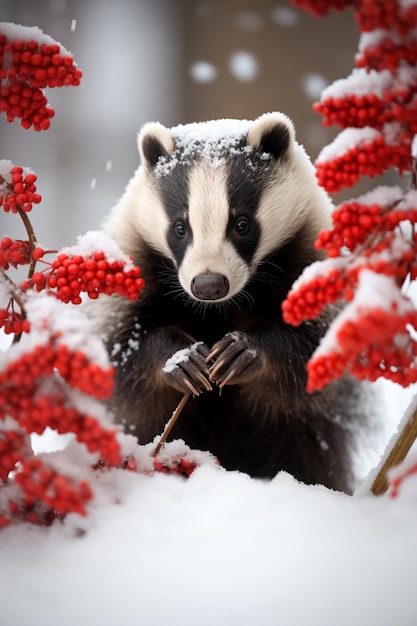 un petit blaireau est assis dans la neige