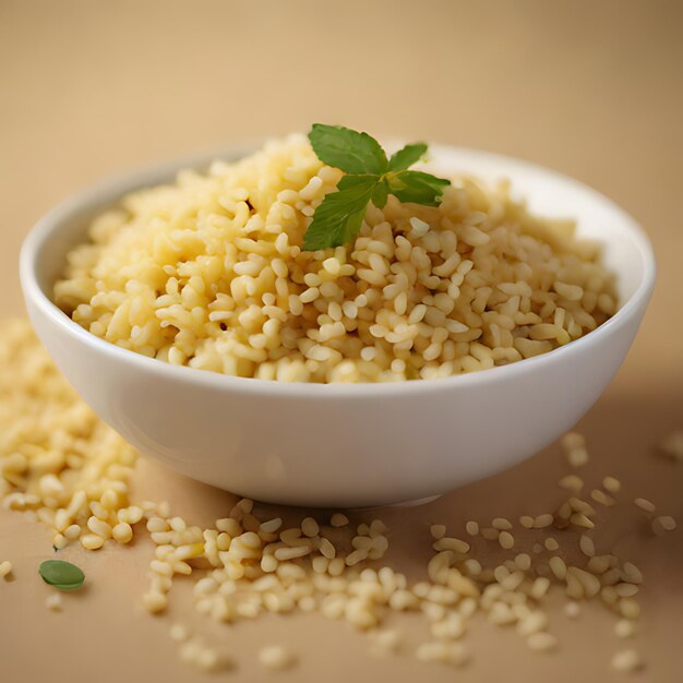 Photo un petit bol blanc avec du riz et une feuille dessus