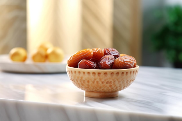 un petit bol de dattes à côté d'une poignée sur une table en marbre