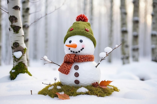 Petit bonhomme de neige fait de la première neige avec des feuilles d'automne et des boutons de mousse se tient sur le bouleau et l'herbe dans la forêt d'automme