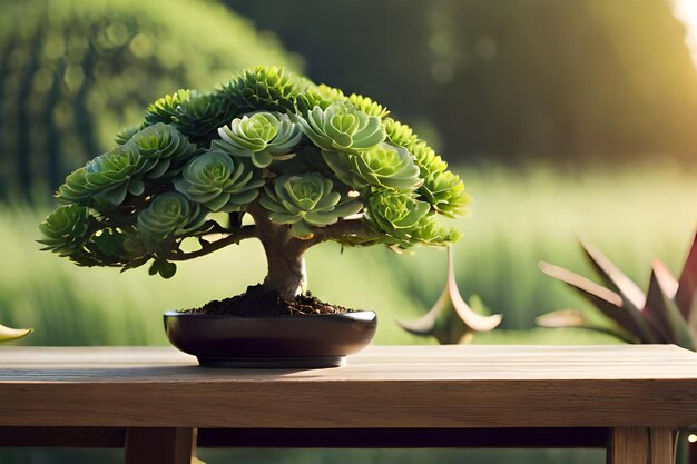 Photo un petit bonsaï est assis sur une table au soleil.