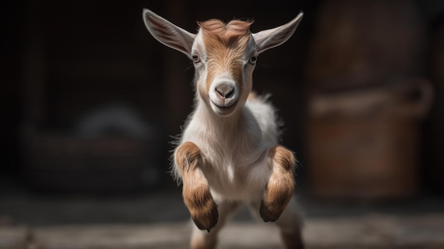 Un petit bouc enjoué sautant joyeusement dans le vert champ incarne le bonheur pur