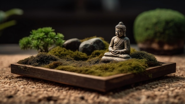 Un petit bouddha est assis dans un jardin avec un petit arbre et des rochers en arrière-plan.