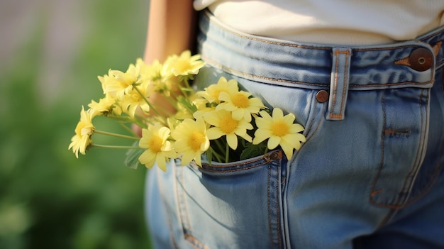 Un petit bouquet de fleurs jaunes dans la poche de Jeans Ai