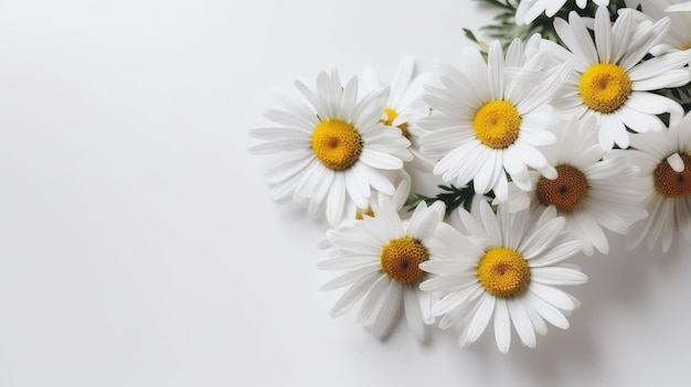 Petit bouquet de marguerites allongé sur une vue de dessus de table blanche générée par l'IA