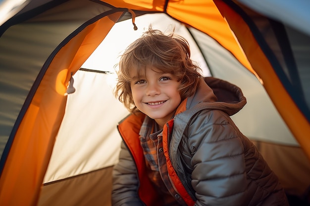 Un petit brunette dans une tente de camping