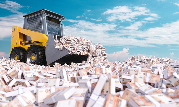 Petit bulldozer qui déplace des liasses d'euro. rendu 3D