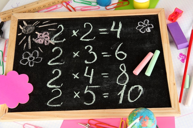 Photo petit bureau d'école avec diverses fournitures scolaires gros plan isolé sur blanc