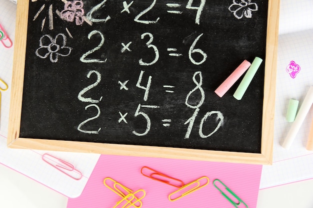 Photo petit bureau d'école avec diverses fournitures scolaires gros plan isolé sur blanc