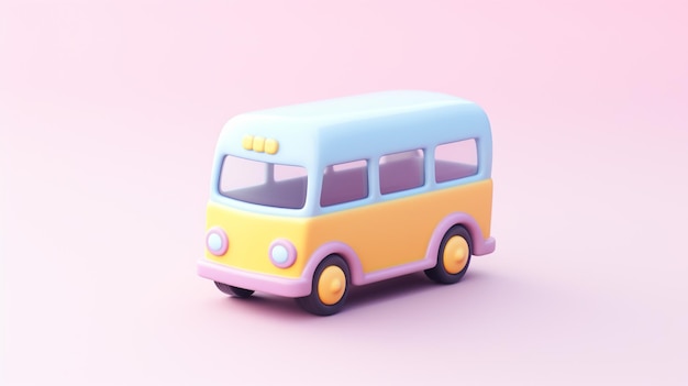 un petit bus pastel 3D qui incarne la gentillesse et le charme Un ajout délicieux à toute collection ce petit bus vous invite à explorer un monde où même les plus petites choses peuvent évoquer une immense joie