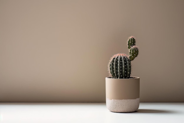 Petit cactus avec un fond minimaliste de mur beige Illustration AI Generative