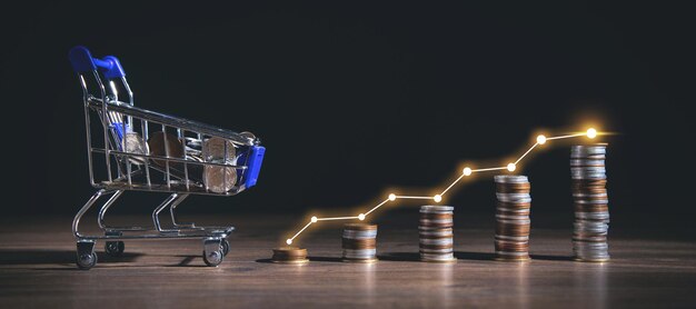 Petit caddie avec des pièces et un graphique de croissance