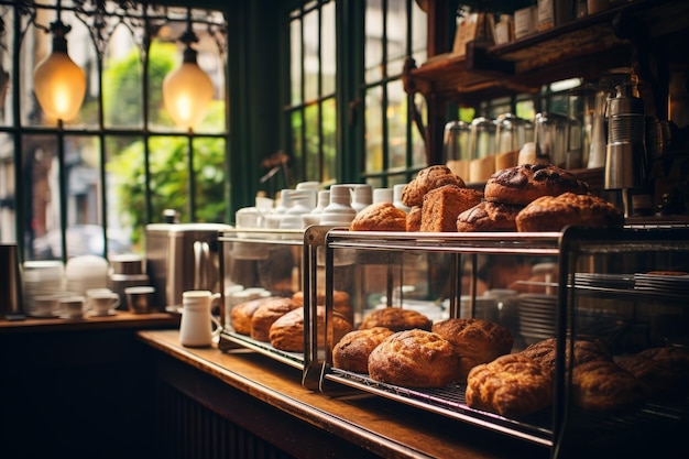 Petit café confortable café boulangerie complétant la commande intérieur d'affaires lumière du matin ensoleillée barista