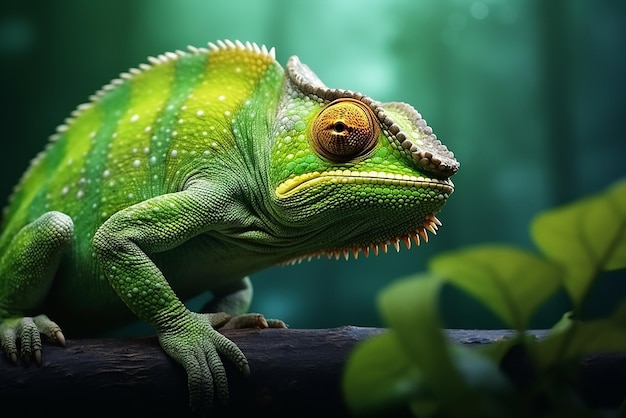 Un petit caméléon assis sur la branche d'un arbre tropical