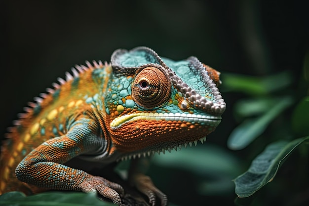 Le petit caméléon vibrant regarde loin dans sa maison tropicale