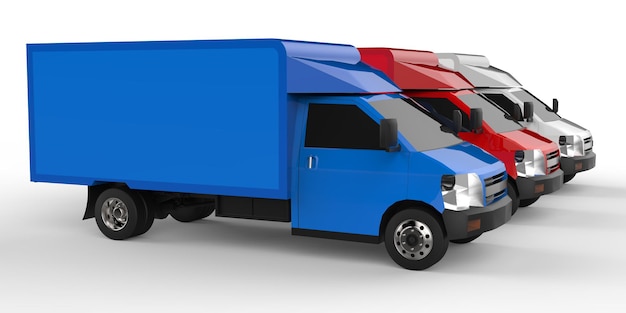 Photo petit camion blanc, rouge, bleu. service de livraison de voiture. livraison de marchandises et de produits aux points de vente au détail. rendu 3d.