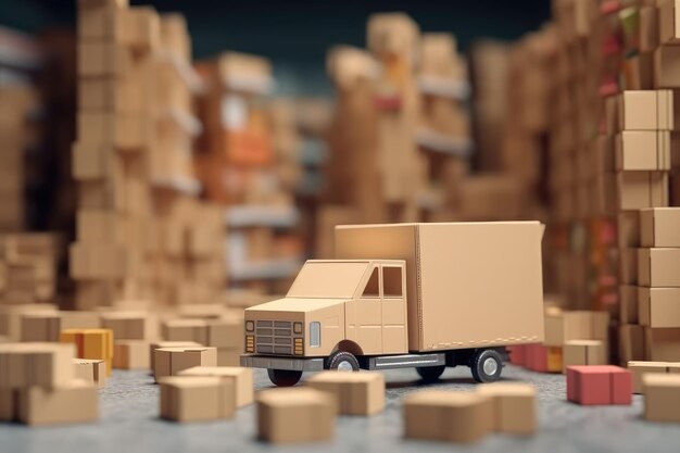 Un petit camion de dessins animés placé dans des boîtes en carton