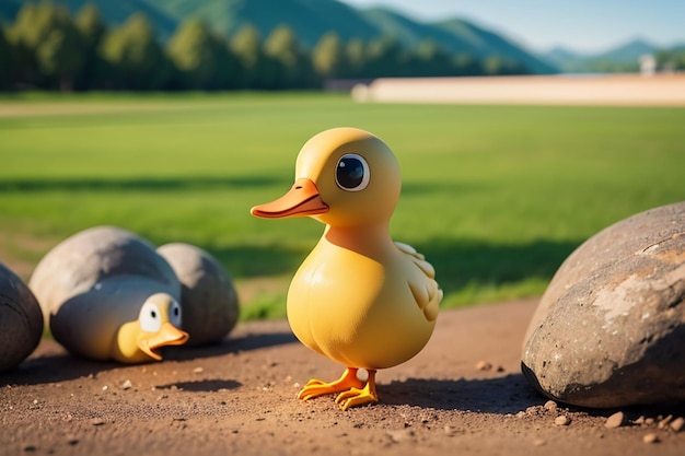 Photo petit canard jaune mignon volaille canard de compagnie fond décor extérieur temps ensoleillé