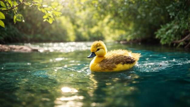 Photo un petit canard jaune et moelleux nage négligemment le long d'une rivière calme