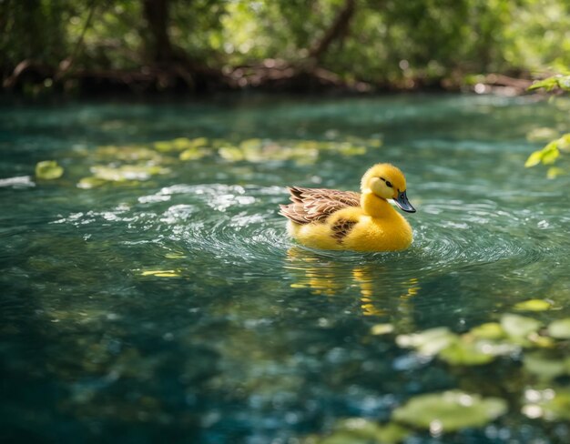 Photo un petit canard jaune et moelleux nage négligemment le long d'une rivière calme