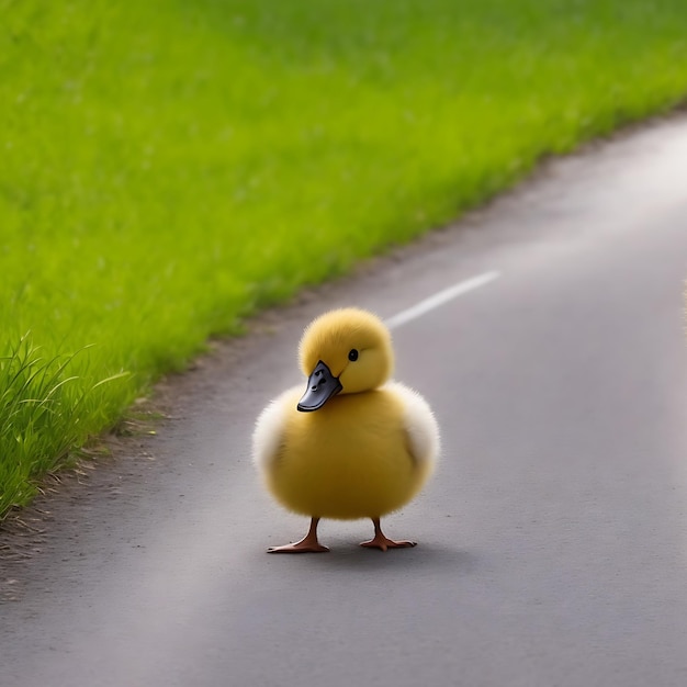 Un petit canard moelleux se tient sur la route.