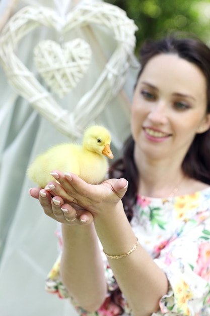 Petit caneton mignon dans les mains de la femme