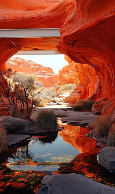 Un petit canyon avec un reflet d'arbres dedans