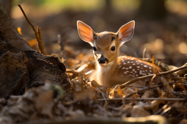 Photo un petit cerf est assis dans les feuilles