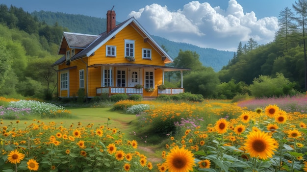 Petit chalet jaune dans un champ vert luxuriant avec un jardin plein de tournesols