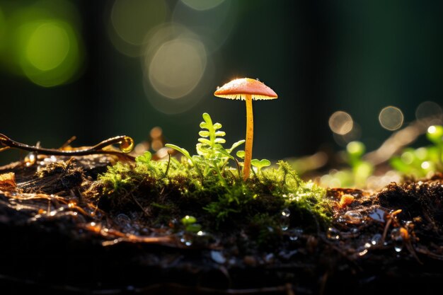 un petit champignon est posé sur une bûche recouverte de mousse