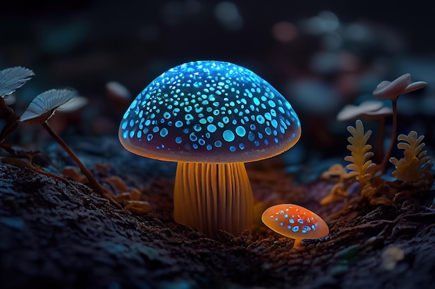 Petit champignon qui émet de la lumière bioluminescente la nuit Generative Ai