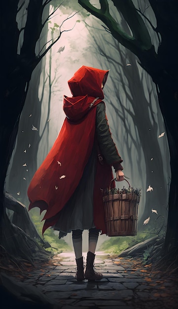 Un petit chaperon rouge se tient dans une forêt sombre avec un panier à la main.