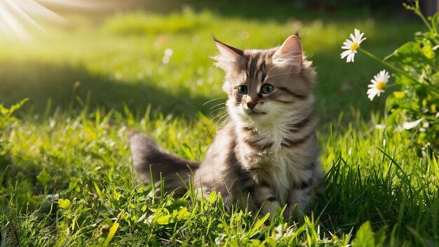 Photo un petit chat assis sur l'herbe