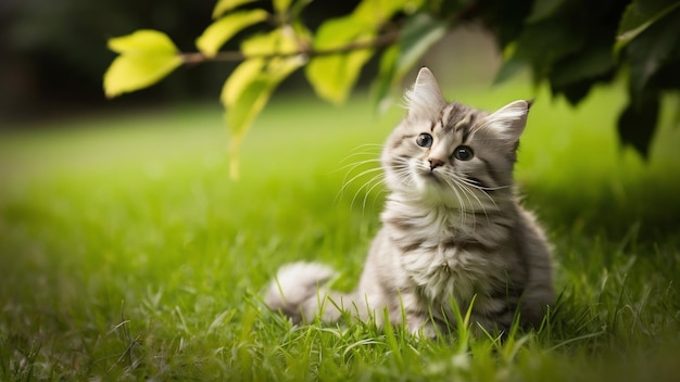 Un petit chat assis sur l'herbe