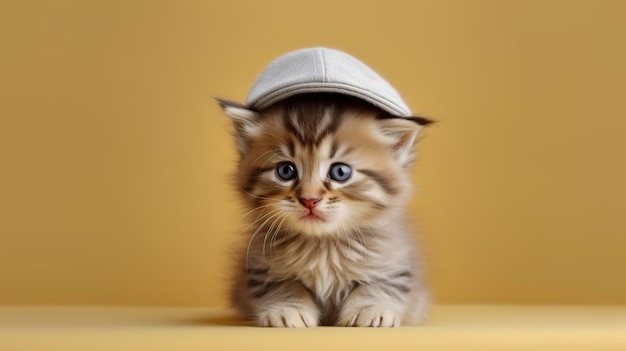 Petit chat avec un chapeau isolé sur un fond pastel AI généré