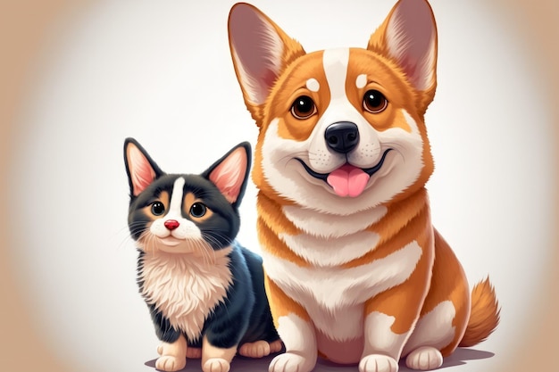 Le petit chat et un chiot corgi souriant sont vus ensemble isolés sur un fond blanc